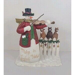 VINTAGE 1999 Deb Strain RAZ Snowman Figurine Make a Joyful Noise Cats Fence